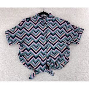 FRNCH Blue Chevron Print Button-Up Shirt Womens Waist Tie Short sleeve Size‎ S
